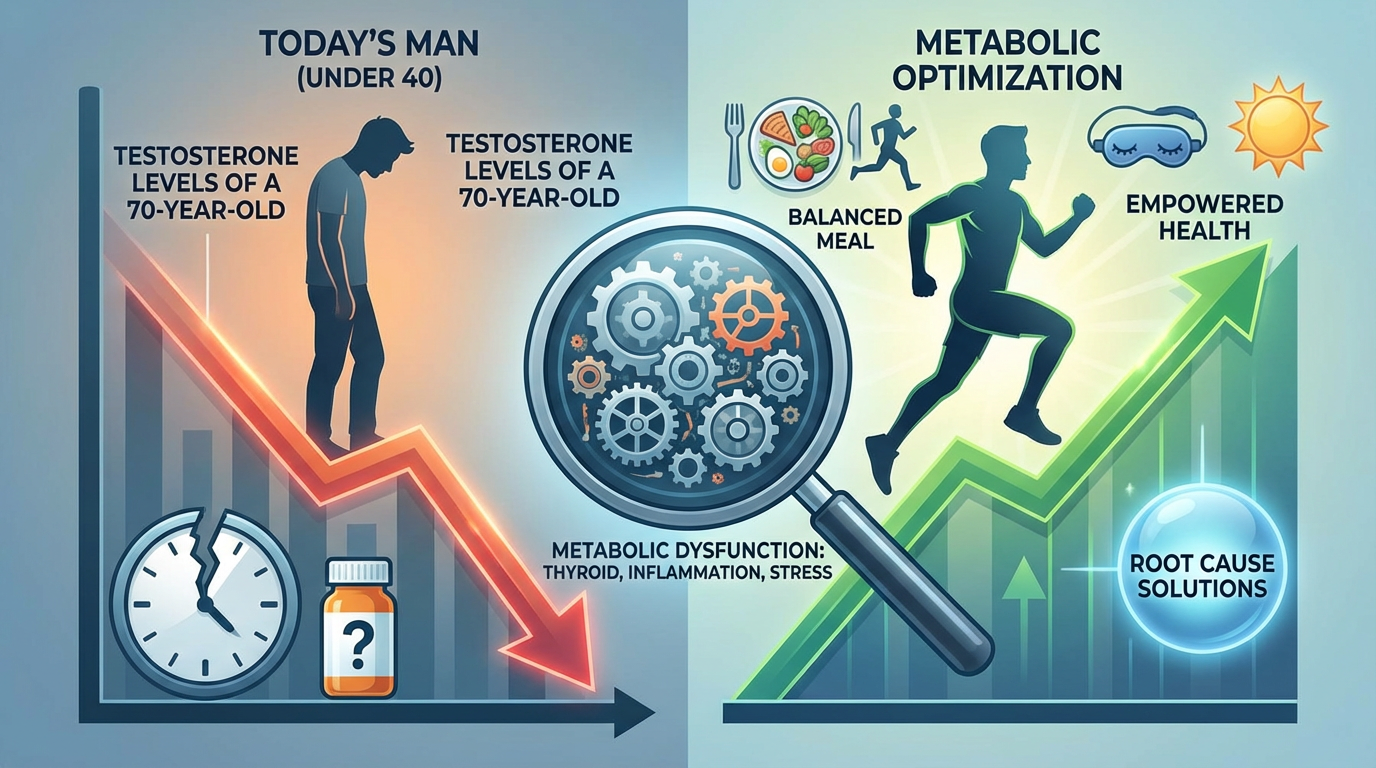 Visual representation of testosterone and metabolic health in men, showing the connection between cellular energy, hormonal vitality, and the contrast between metabolic dysfunction and optimal function