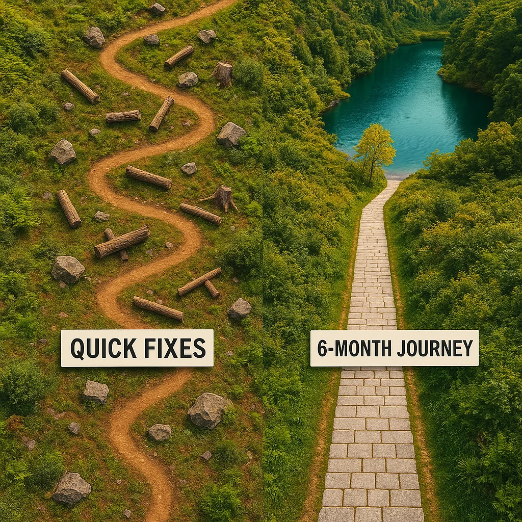 Aerial view photograph of two paths diverging in nature: One is a chaotic zigzag path full of obstacles labeled 'Quick Fixes' leading nowhere. The other is a steady, well-built stone path labeled '6-Month Journey' leading to a beautiful destination. Drone photography style, vibrant natural colors, and inspiring.