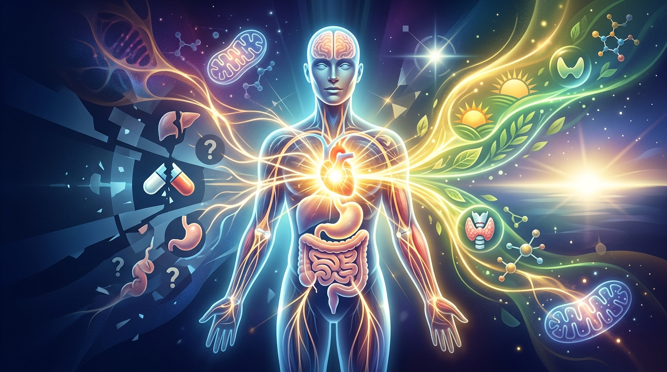 Glowing human figure showing interconnected organ systems radiating golden energy from a central mitochondrial core, contrasted on one side with fragmented pharmaceutical symbols and pills and on the other with vibrant natural elements of sunlight and plant life, representing the shift from reductionist single-cause medicine to bioenergetic systems medicine