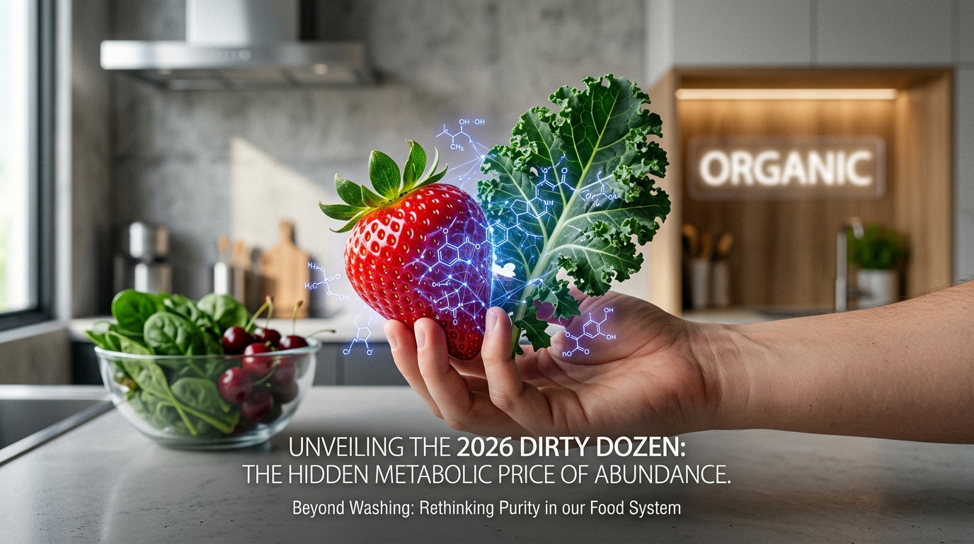 Vibrant produce display contrasting contaminated conventional fruits and vegetables with clean organic alternatives, illustrating the hidden pesticide threat in everyday healthy foods