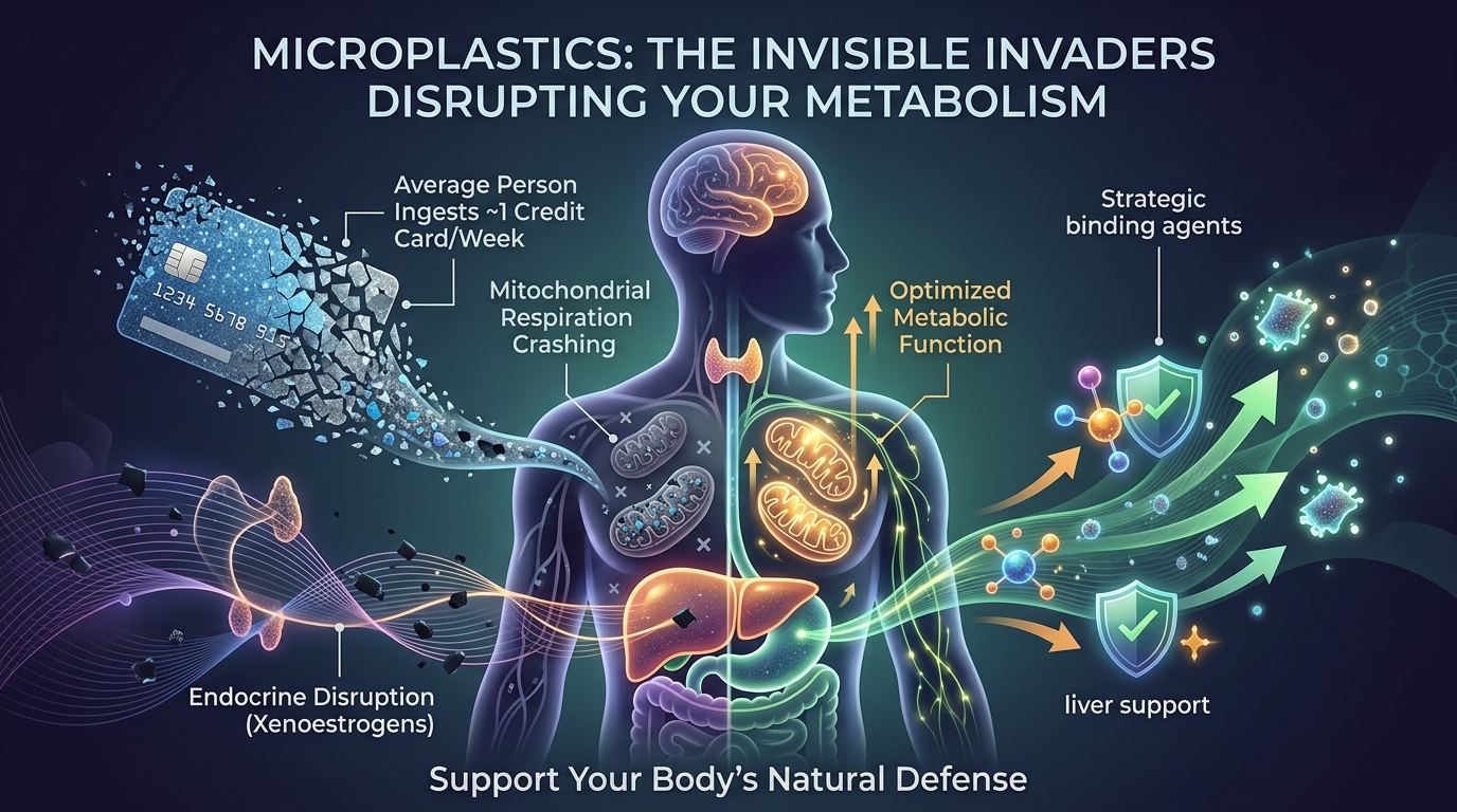Microscopic visualization of colorful microplastic particles infiltrating human cells and mitochondria, representing the invisible metabolic threat of plastic pollution in everyday food and water